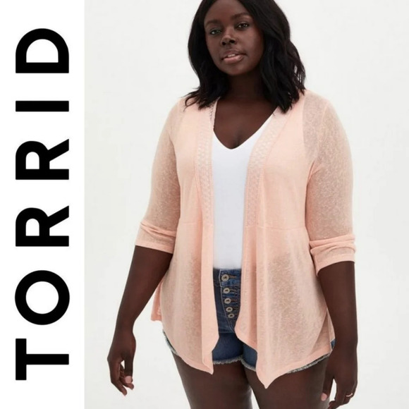 TORRID Nwt 3/4 Sleeve Lace Back Open Front Knit Cardigan, Peach Pink, 00 , M/L - Picture 1 of 16